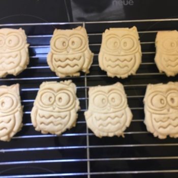 owl biscuits on a trivet