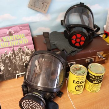 gas masks and tinned food
